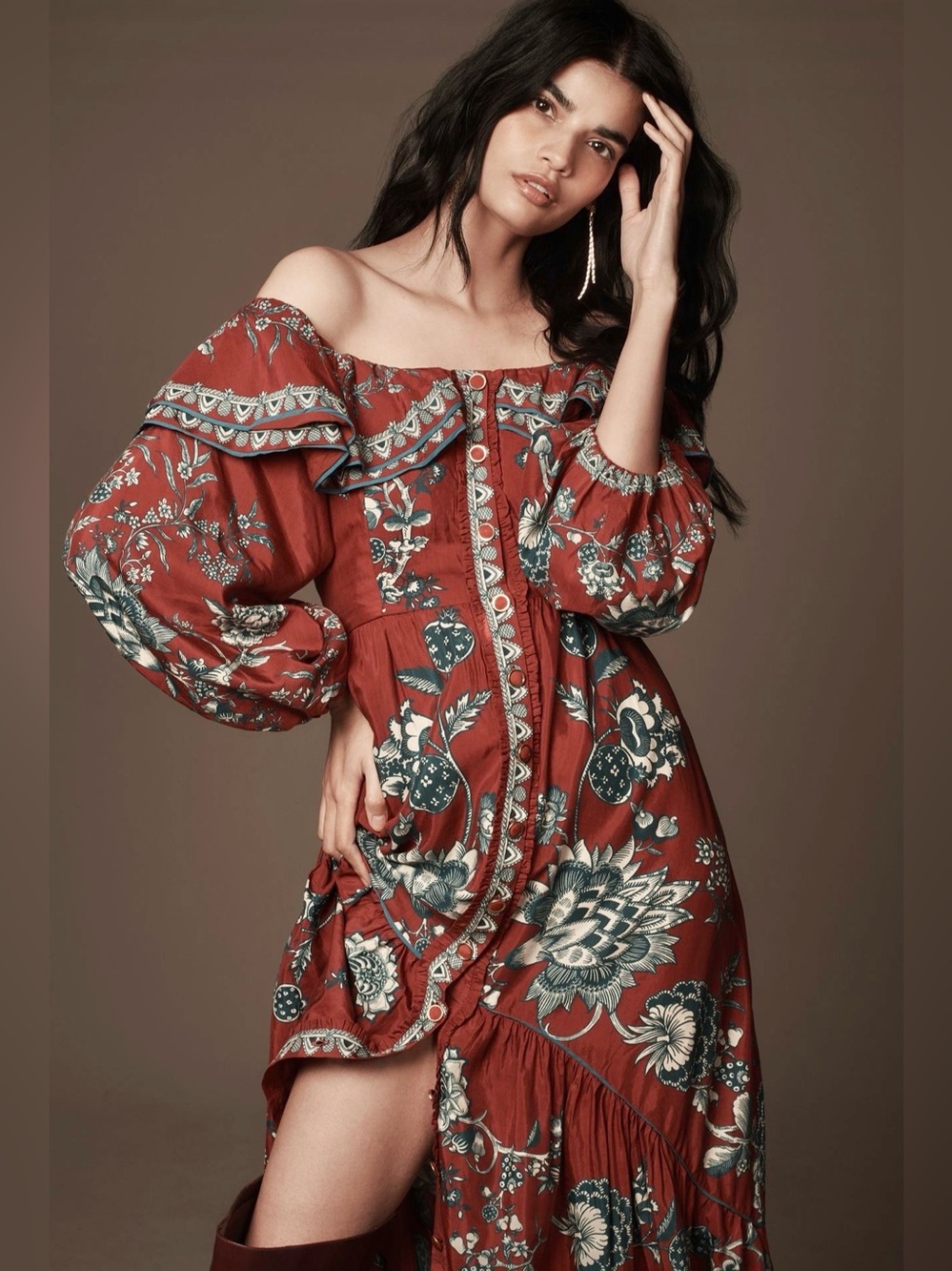 FARM Rio Off-Shoulder Floral Maxi Dress Rust Red Fall Autumn Fashion Sexy Boho